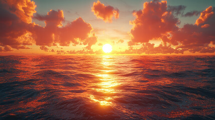 Obraz premium serene ocean view at sunset with vibrant colors and fluffy clouds