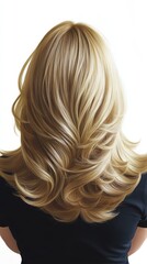 Naklejka premium back view of a woman with shoulderlength layered waves in light gold, realistic illustration, textured, isolated on white background