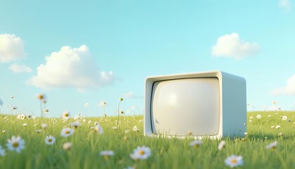 Retro TV in a Sunny Daisy Field: Serene Minimalist Scene