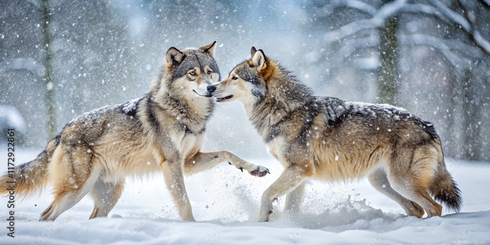 Poster two wolves engage in playful behavior while surrounded by a snowy landscape. the trees in the backgr
