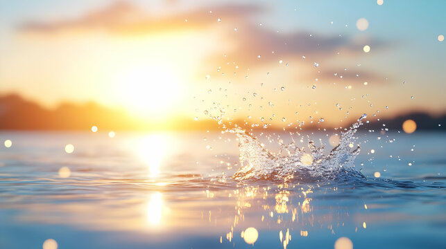 Sunset ocean splash, peaceful water droplets at golden hour, idyllic beach scene, perfect for travel or serenity themes