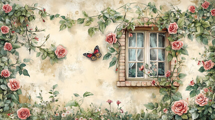 Butterfly flying near rose-covered window on textured wall