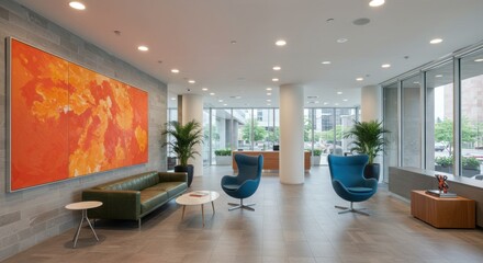 modern office interior, bright reception area, large abstract orange artwork, comfortable seating, blue accent chair, white walls, recessed lighting, potted plant, sleek design, corporate space, open 
