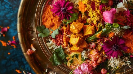 Fototapeta premium Detailed view of Indian food with bright colors and textures.