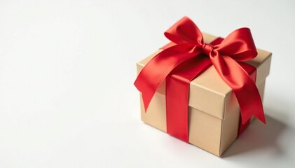 Obraz premium Red bow tied around a wooden gift box on white background, white background, gift box, gift wrapping