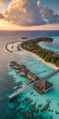 Luxury breathtaking aerial view captures stunning expanse of Maldives island, showcasing luxurious water villas resort and intricate wooden pier against backdrop of a vibrant, sun-kissed sky 