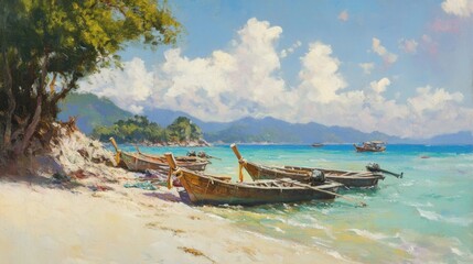 Fototapeta premium Traditional long-tail boats docked on Koh Samet's serene beach, with the tropical landscape in the background.