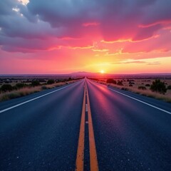 Fototapeta premium road stretches into distance as sky turns pink and orange, horizon, serene, color palette