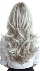 Naklejka premium back view of a woman with layered curls in icy platinum, realistic illustration, textured and bright, isolated on white background