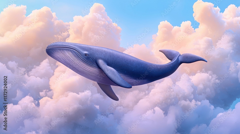 Poster a giant whale floating through a sky filled with fluffy clouds, its massive form illuminated by soft