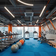 Fototapeta premium modern gym interior, blue floor, treadmills in a row, orange ceiling ducts, large windows, exercise equipment, bright lighting, spacious fitness center, industrial design, exercise balls, weight machi