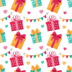 A festive seamless pattern of colorful gift boxes,flags and hearts. For celebrations and special occasions. Endless texture. Vector illustration.