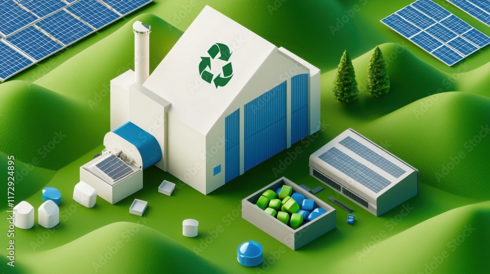 Poster a high-tech waste processing facility with ai-powered machines sorting and recycling materials