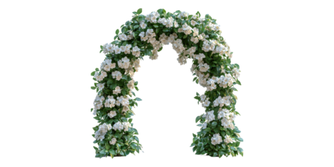 Floral arch of white flowers and green leaves isolated on transparent background