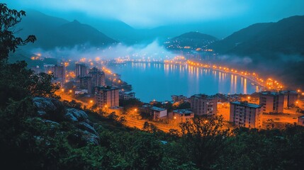 Fototapeta premium Night view of a coastal city nestled in a valley, illuminated by lights reflecting on calm water, shrouded in mist, mountains in background.