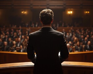 Fototapeta premium Man in suit addressing large audience.