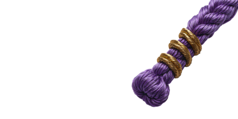 Purple and gold braided rope end detail isolated on transparent background