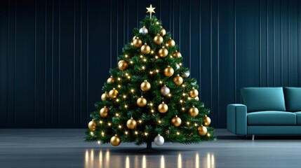 Fototapeta premium A photostock of a festive Christmas tree adorned with golden ornaments and twinkling fairy lights in a softly lit living room, symbolizing warmth and holiday cheer. High Quality