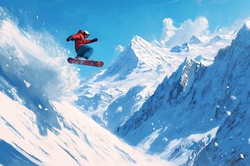 Dynamic snowboarder soars amid majestic snow-capped peaks and cl
