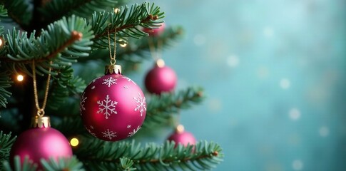 Pink Christmas tree ornaments hanging from branches, green tree branch, holiday decoration, winter tree