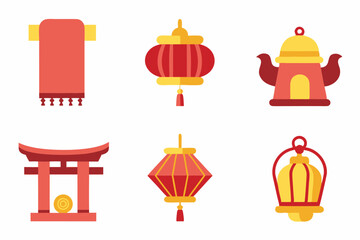 Chinese New Year Icon Set with Traditional Symbols