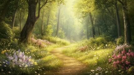 Obraz premium Forest clearing with sunlit trees and flowers