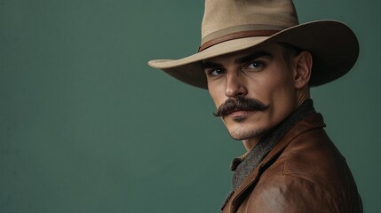 Man with cowboy hat and mustache on a green background