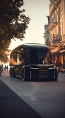 Futuristic black autonomous vehicle on city street at sunset