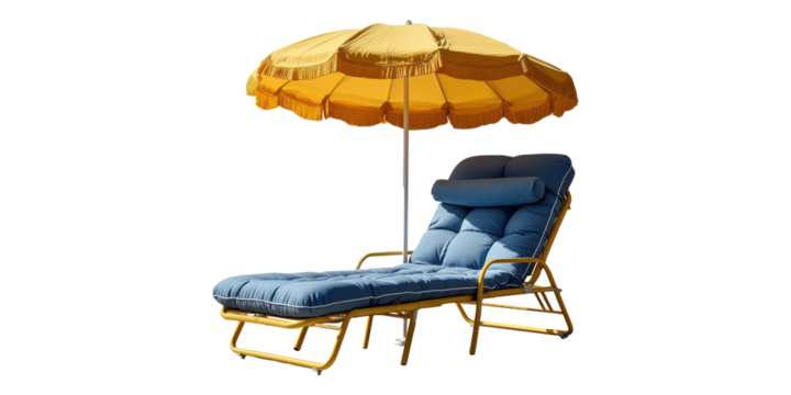 Beach lounger chair with yellow umbrella isolated on transparent background - Powered by Adobe