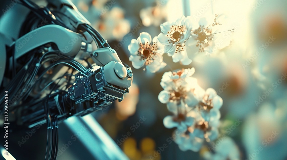 Poster robotic arm assembling product with floral elements in background