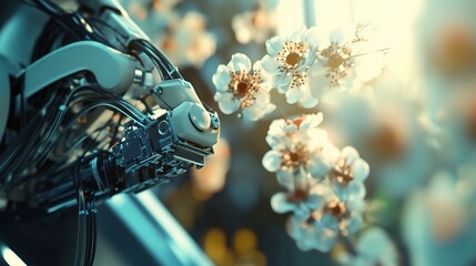 Robotic Arm Assembling Product with Floral Elements in Background