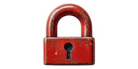 Rusty red padlock isolated on transparent background