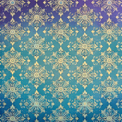 Gold floral damask pattern on blue-purple gradient textured background for wallpaper/textiles