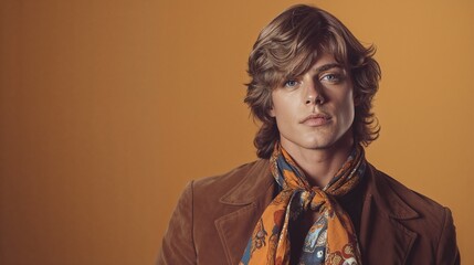 Retro man with long hair and scarf on a warm orange background