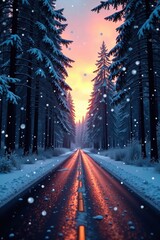 Snowflakes gently falling on a serene forest road at dusk, tree, winter, road
