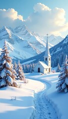 Snowy landscape with white church in the distance, white church, snowy landscape