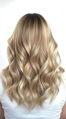 Naklejka premium back view of a woman with wavy layered hair in champagne gold, realistic illustration, natural and luminous, isolated on white background