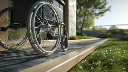 Inspiring journey  a wheelchair user navigates a seamless ramp to a beautiful wooden deck