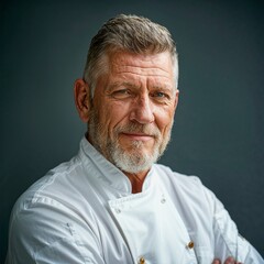 Fototapeta premium Mature male chef in white uniform smiling