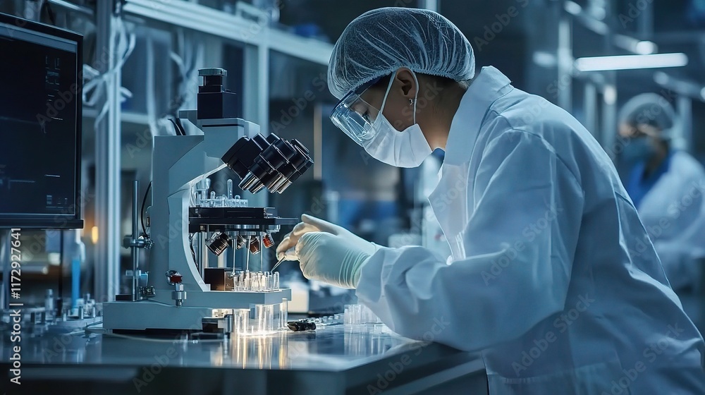Poster worker inspecting manufacturing line with precision in laboratory setting