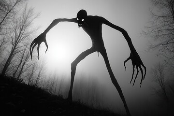 Menacing silhouette of a tall, slender creature in a foggy forest.