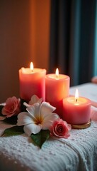 The soft glow of candles illuminates a stunning floral arrangement on a gleaming white massage table, relaxation, flowers