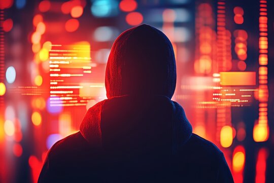 Mysterious hooded figure observing digital data streams, illuminated by vibrant red and orange hues.