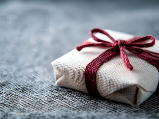 Small gift wrapped in beige fabric with a burgundy ribbon, resting on a textured surface.  Perfect for holiday, birthday, or celebration greetings