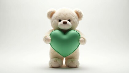 Cream Teddy Bear Holding a Green Heart: Gentle and Sweet