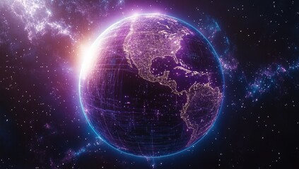 Obraz premium A glowing planet with a bright blue ocean surrounding it