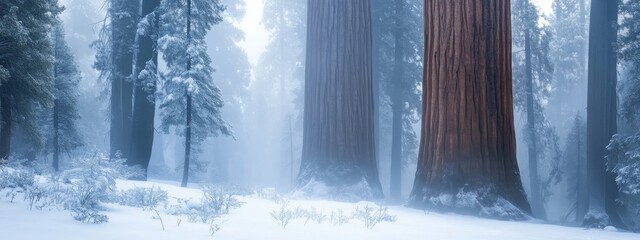 An extraordinary capture of the giant sequoias in California闁炽儲鐛 Sequoia National Park, with fog enveloping the ancient trees, Sequoia forest scene