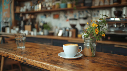 Cozy coffee shop with wooden interiors and artistic decor, featuring latte
