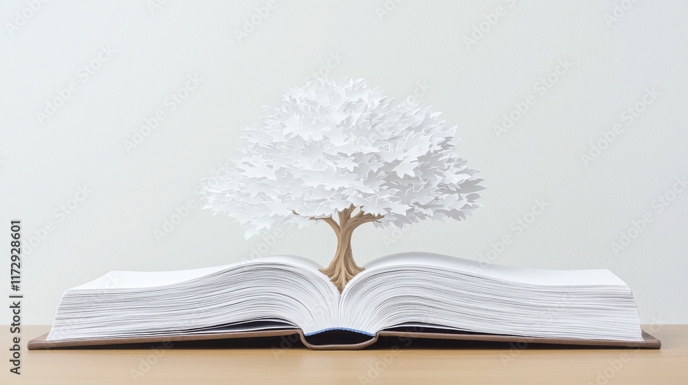 Poster a surreal scene of a large tree growing out of the pages of an open book