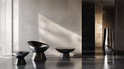 A room with a black table and three chairs